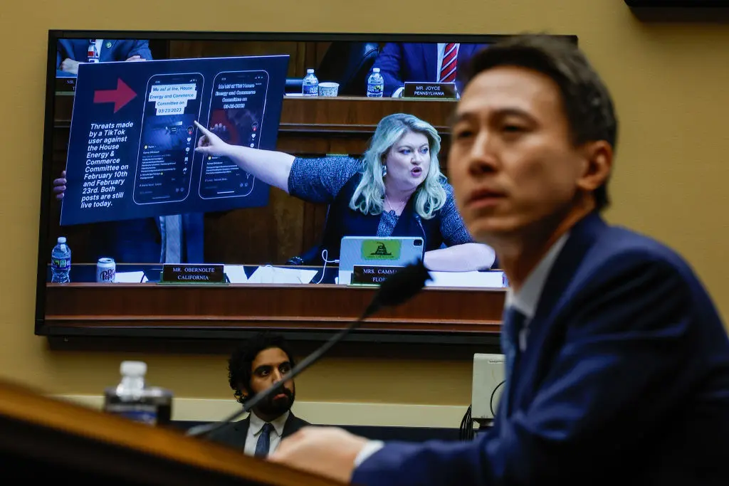 WASHINGTON, DC - MARCH 23: TikTok CEO Shou Zi Chew takes questions from Rep. Kat Cammack (R-FL) before the House Energy and Commerce Committee in the Rayburn House Office Building on Capitol Hill. (Photo by Chip Somodevilla/Getty Images)