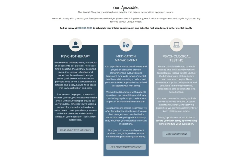 Kendal Clinic Homepage Specialties Section