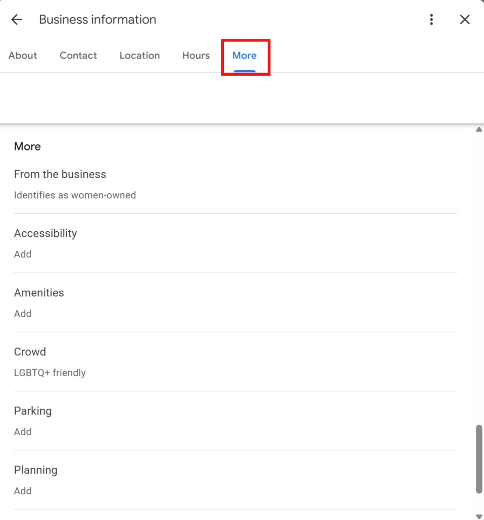 Google Business Profile Attributes Section